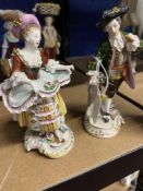 20th cent. Ceramics: Two German porcelain figures of a Georgian Dandy & his lady. Marked on the base