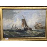 English School: 19th century oil on canvas, a Fishing boat off a jetty with other shipping beyond.