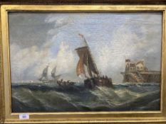 English School: 19th century oil on canvas, a Fishing boat off a jetty with other shipping beyond.