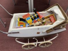 Toys: Mid 20th cent. Leeway two tone pram plus Fisher Price treen Looky Chug Chug Train and unmarked
