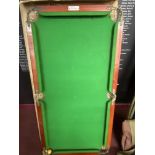 Games: Table top Joe Davies billiard table with three balls, two cues and score board. 37ins. x