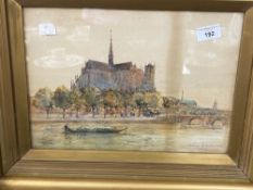 19th cent. Continental school, watercolour on paper of a Cathedral by a river, indistinct