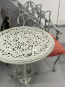 20th cent. Garden furniture - cast Coalbrook style circular table plus two matching armchairs.