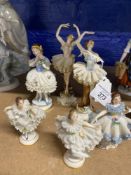 20th cent. Ceramics: Six German porcelain figures of dancers with lace dresses, various Dresden