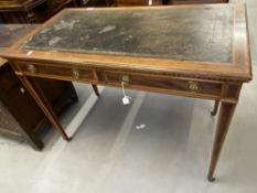 Edwardian inlaid mahogany writing table fitted two drawers on square tapered legs having inlaid