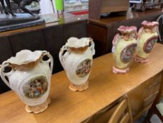 Late 19th/Early 20th cent. Ceramics: Two handle mantel vases, one pair cream, pink, and gilt