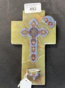 Religious Icons: Green marble or onyx crucifix, with brass Cloisonné cross and Holy Water font