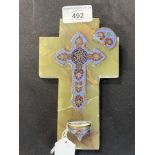 Religious Icons: Green marble or onyx crucifix, with brass Cloisonné cross and Holy Water font