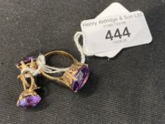 Costume Jewellery: Synthetic Alexandrite earrings and ring set, yellow metal mounted, tests 9ct.