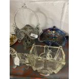 20th cent. Glassware: Pony and cart flower holder, end of day basket, blue carnival glass stemmed