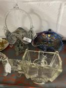 20th cent. Glassware: Pony and cart flower holder, end of day basket, blue carnival glass stemmed