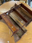 20th cent. Treen reproduction mahogany wall shelf plus fretwork ended hanging shelf x 2.