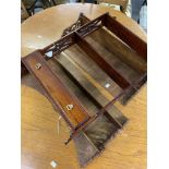 20th cent. Treen reproduction mahogany wall shelf plus fretwork ended hanging shelf x 2.