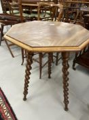 19th cent. Walnut octagonal cricket table on three barley twist supports. Dia. 21½ins. Height