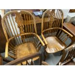 20th cent. light oak & elm Windsor spindle/splat back chairs with crinoline stretchers - a pair.