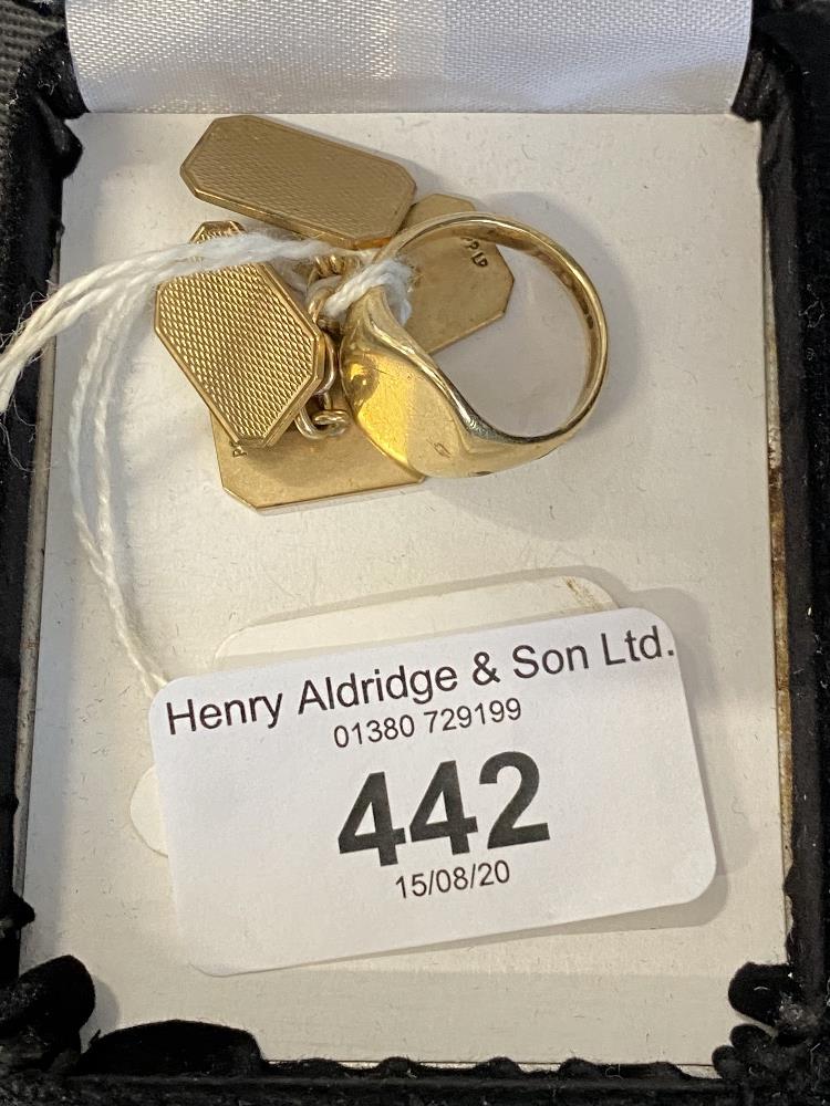 Hallmarked Gold: 9ct. Rectangular cufflinks with engine turned decoration plus a 9ct. signet ring.