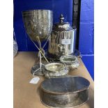 Silver Plated Eton College Interest: Biscuit barrel, two salts, oval box with hinged lid, pepper