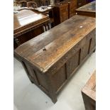 18th cent. Oak coffer with carved decoration to the front, four carved panels to front, and plain to
