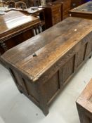 18th cent. Oak coffer with carved decoration to the front, four carved panels to front, and plain to