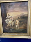 English School: 19th cent. Oil on panel 'Figures on horse and donkey with dogs and cow in ford.