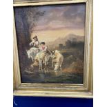 English School: 19th cent. Oil on panel 'Figures on horse and donkey with dogs and cow in ford.