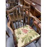 Early 19th cent. Oak elbow chair fluted stick back drop in padded seat tapering supports, 'H'