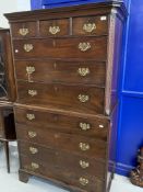 George III mahogany tallboy, the upper part fitted three short and three long drawers with reeded