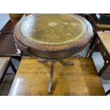20th cent. Reproduction coffee table with end flaps on Y supports plus a reproduction drum table.