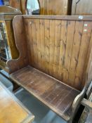 19th cent. Pitched pine settle. 48ins. x 19ins. x 54ins.