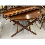 Edwardian mahogany oval butlers tray on folding stand plus a mahogany rectangular drinks tray.