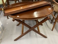 Edwardian mahogany oval butlers tray on folding stand plus a mahogany rectangular drinks tray.