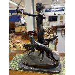 Sculpture: Early 20th cent. Bronze of Diana the Huntress with her hounds. On marble base,