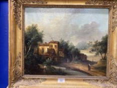 English Provincial School: 19th cent. Oils on canvas Figures and Animals by a Watermill. 14½ins. x