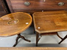 19th cent. Mahogany oval tripod table with inlay plus Edwardian mahogany rectangular side table.