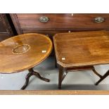 19th cent. Mahogany oval tripod table with inlay plus Edwardian mahogany rectangular side table.