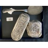 Silver: German rectangular shaped box embossed with biblical scene, Dutch tobacco box embossed