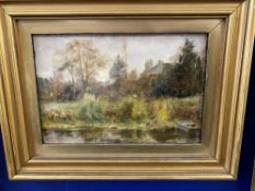 Walter C Urwick RA 1864-1943: Oil on board Riverside Scene, signed bottom right. 8ins. x 5½ins.