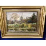 Walter C Urwick RA 1864-1943: Oil on board Riverside Scene, signed bottom right. 8ins. x 5½ins.