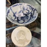 19th cent. Chinese ivory circular pot depicting a monkey 2½ins. plus a blue and white bowl.