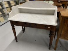 Victorian mahogany marble top washstand, fitted two drawers, turned legs. 39ins.