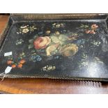 19th cent. Toleware gallery tray decorated exotic bird amid fruit and flowers.