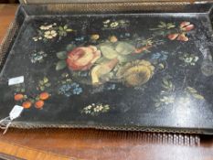 19th cent. Toleware gallery tray decorated exotic bird amid fruit and flowers.