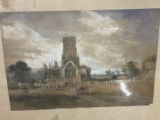 Continental School: 19th cent. Watercolour on paper of a landscape and church. Label on reverse