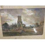 Continental School: 19th cent. Watercolour on paper of a landscape and church. Label on reverse