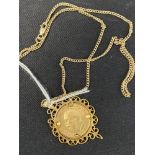 Jewellery: 9ct. Gold necklet, trace link chain having a 9ct. Gold pendant attached mounted with a