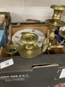 19th cent. Brass candlesticks, candelabra, and a collection of Royal Doulton Franklin Mint plates.