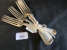 Hallmarked Silver: Victorian fiddle pattern dessert forks three by John Stone, Exeter 1849, and