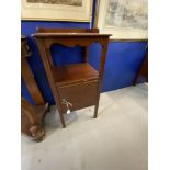 19th cent. Mahogany bedside pot cupboards, gallery top, shelf & cupboard beneath on square supports.