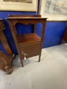 19th cent. Mahogany bedside pot cupboards, gallery top, shelf & cupboard beneath on square supports.