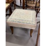 19th cent. Hardwood upholstered footstool embroidered pale green and pink chain stitch covered
